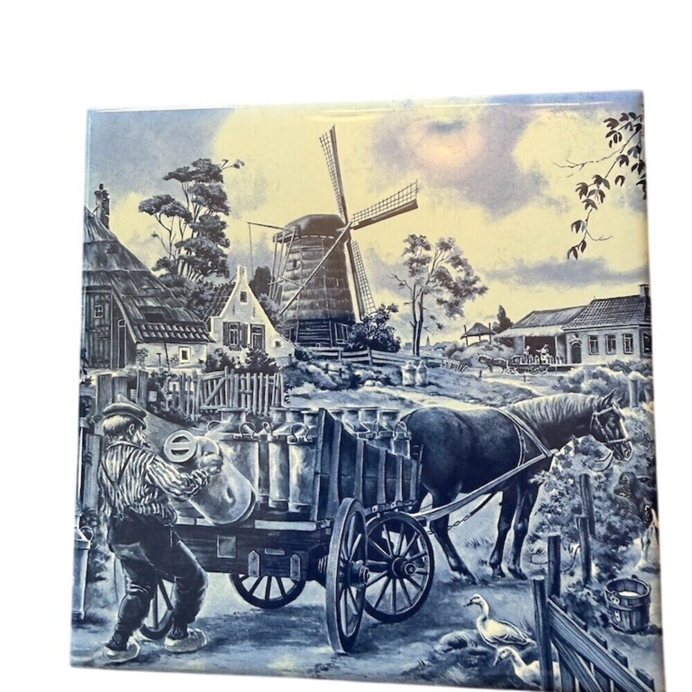 Delft Blue Tile 6x6 Dutch Farm Scene Windmill Horse Cart